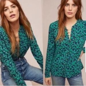 Anthropologie Conversations 30 of 52 Heart Graphic Button Down Shirt Size 10